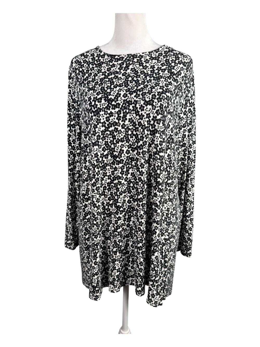 J Jill L Wearever LG Tunic Top Black White Ditsy Floral Layered Tie Back